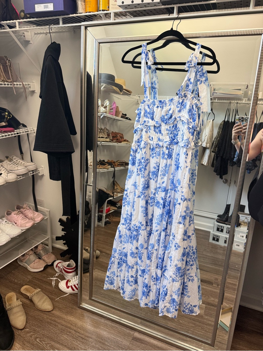 Aqua Blue and White Floral Tie-Shoulder Midi Dress - Picture 4 of 4